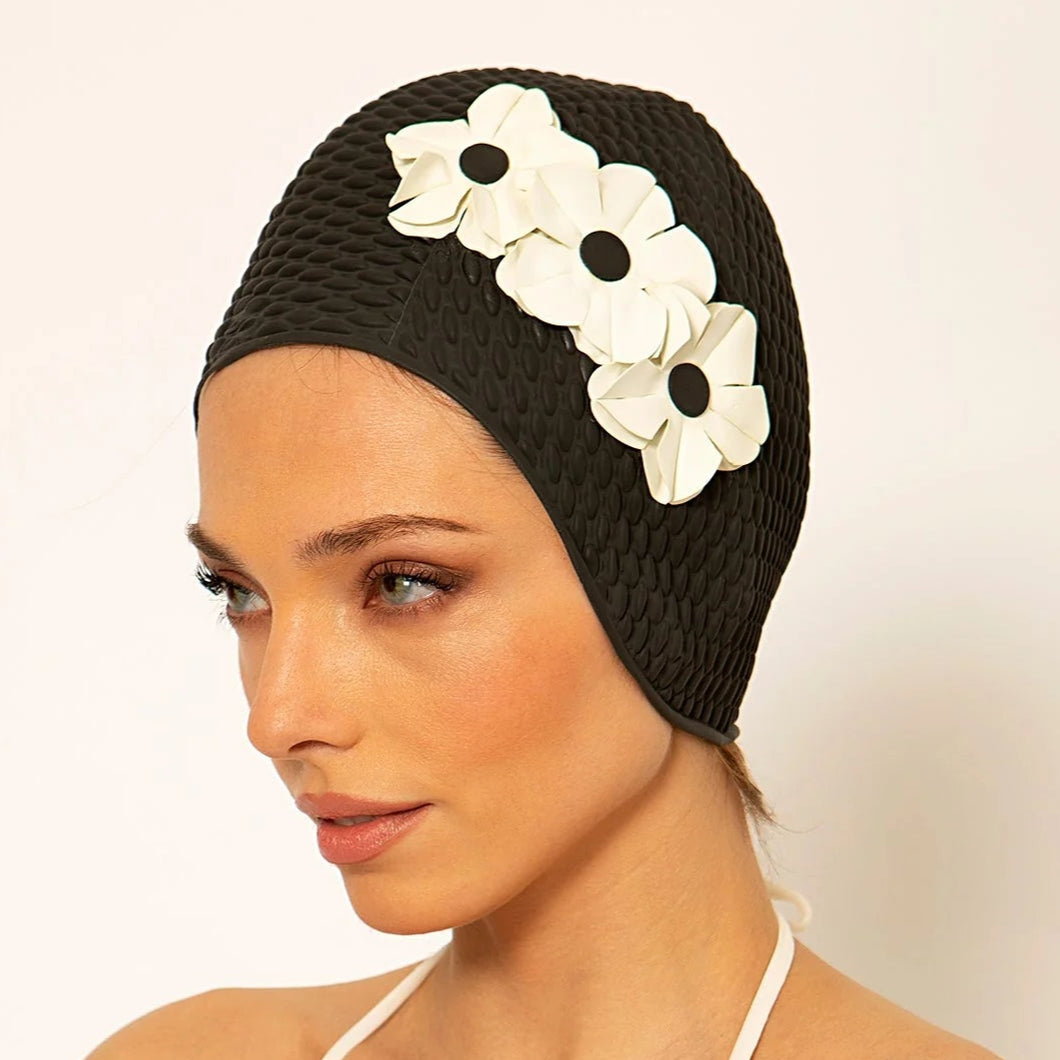 Bonnet de bain rétro noir à fleurs blanches - KORES THE NICE FLEET